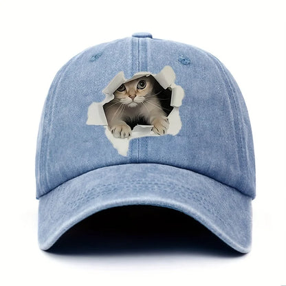 Cat Print Baseball Cap – Retro Washed Unisex Sun Hat