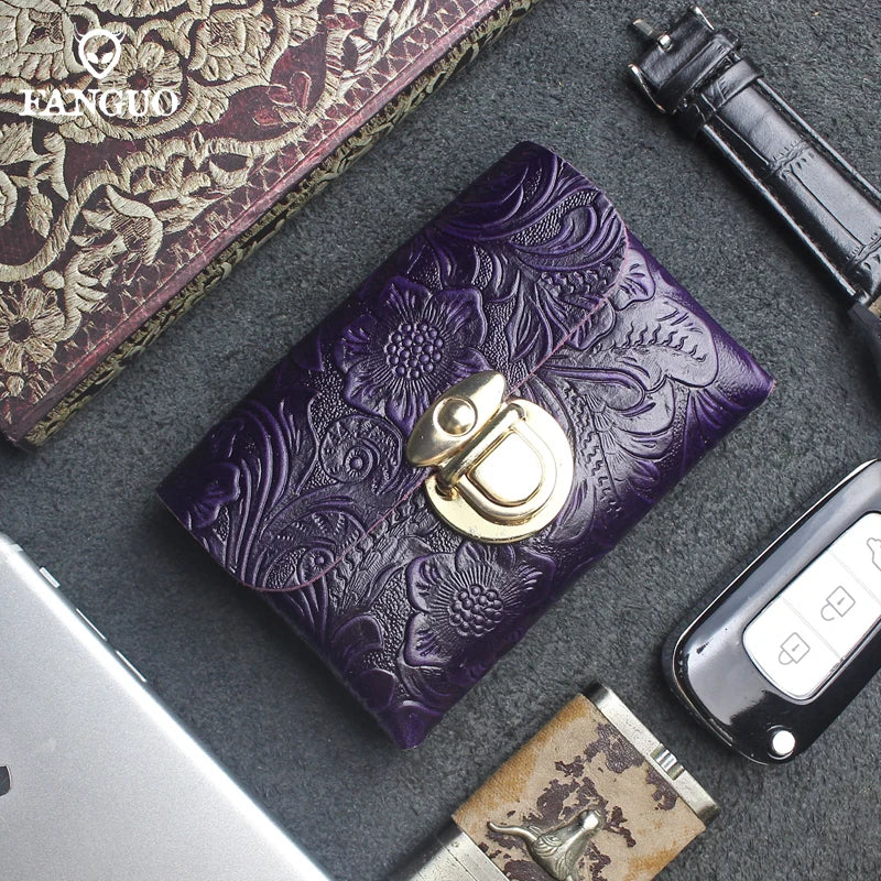 Genuine Leather Card Holder Wallet with Floral Embossing & Twist Lock