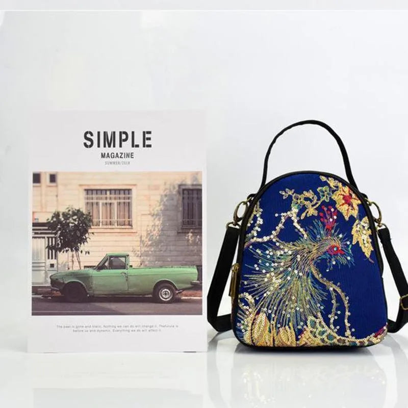 Embroidered Canvas Crossbody Bag – Vintage Peacock Sequin Satchel
