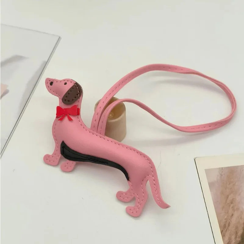 Dachshund Leather Bag Charm with Red Bow Tie – Cute Pet Lover Keychain
