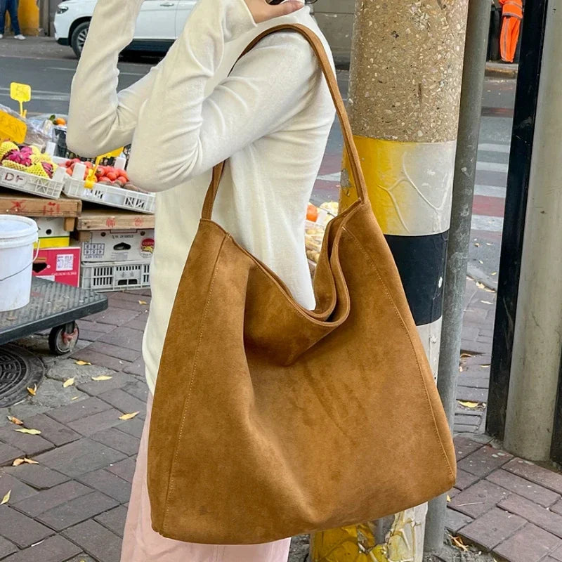 Women's Large Shoulder Tote Bag – Casual Suede-Look Handbag