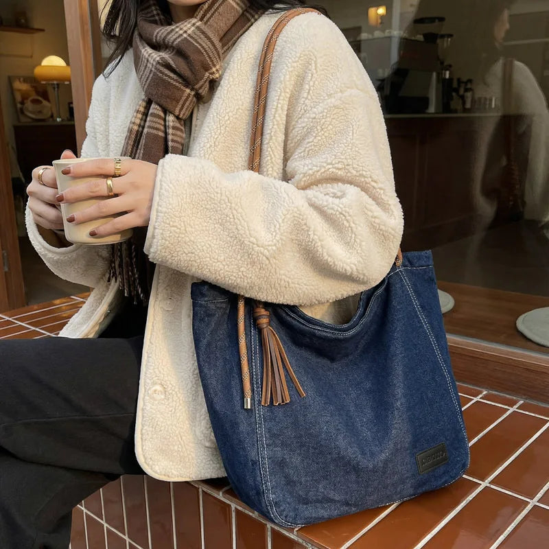 Crossbody Bag Women Vintage Washed Denim Shoulder Large Capacity Comfortable Versatile Texture Bags