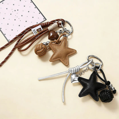 Star Leather Keychain Bag Charm – Cute Heart Pendant with Braided Tassel