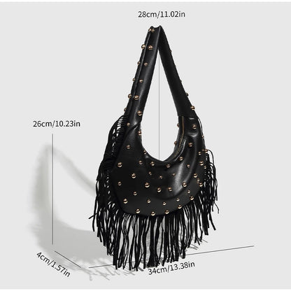 Fringe & Rivet Leather Shoulder Bag – Boho Crossbody Hobo