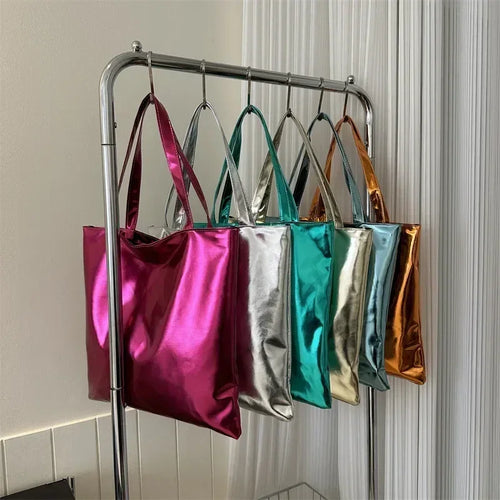 Metallic Tote Bag for Women – Shiny PU Leather Shoulder Bag