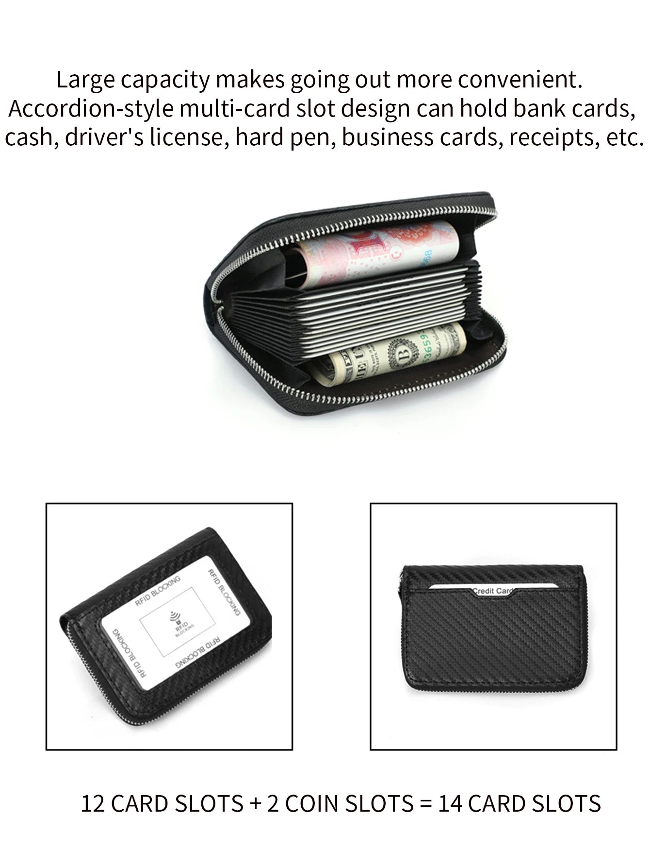 RFID Blocking Carbon Fiber Zipper Card Wallet – Accordion Organizer