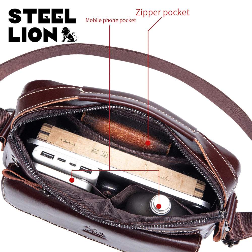 Steel Lion Men's Leather Crossbody Bag – Casual Horizontal Shoulder Bag