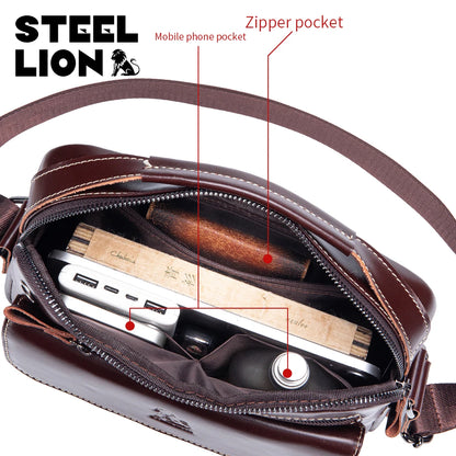 Steel Lion Men's Leather Crossbody Bag – Casual Horizontal Shoulder Bag