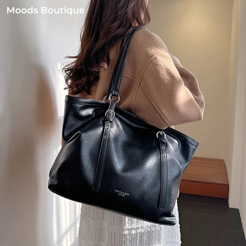Moods Women Big Shoulder Tote Bags Soft Vegan Leather Solid Color Large Capacity Shoppers Latest