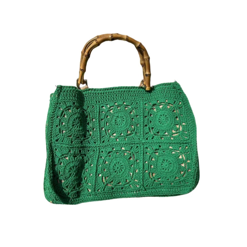 Vintage Bamboon Handle Women Handbags Crochet Large Capacity Tote Bag Handmade Woven Hollow Beach