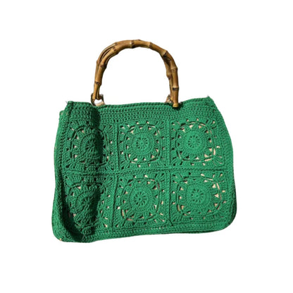 Vintage Bamboon Handle Women Handbags Crochet Large Capacity Tote Bag Handmade Woven Hollow Beach