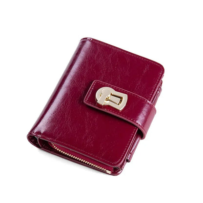 Genuine Leather Women's Wallet – Metal Lock Clasp, Card Holder & Coin Purse