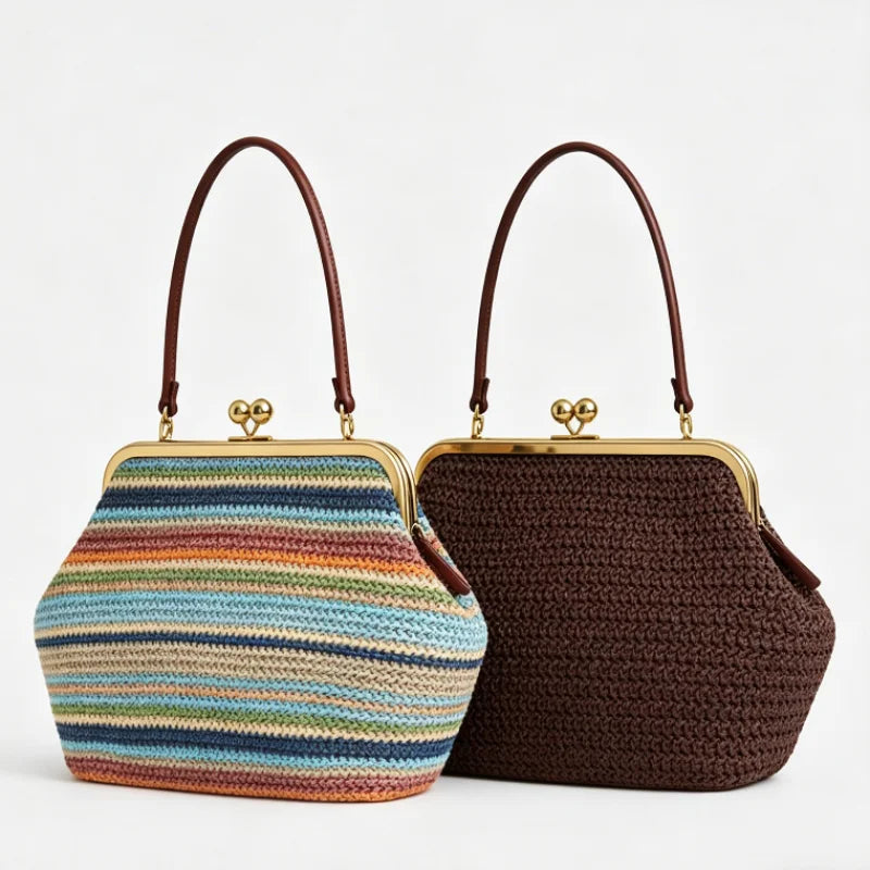 Seashell Clip Handbag – Women's Woven Shoulder Bag with Kiss Lock
