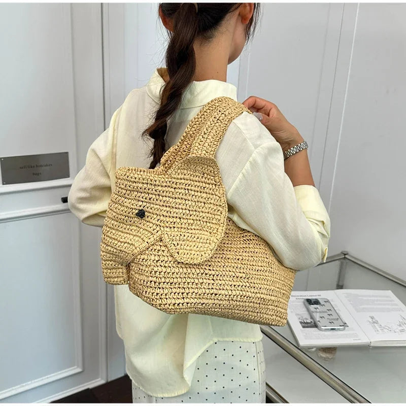 Elephant Woven Straw Tote Bag – Women's Handcrafted Summer Shoulder Bag