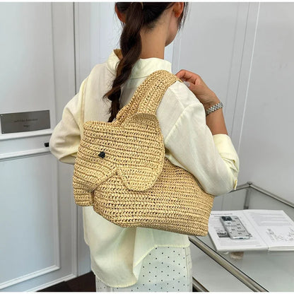 Elephant Woven Straw Tote Bag – Women's Handcrafted Summer Shoulder Bag
