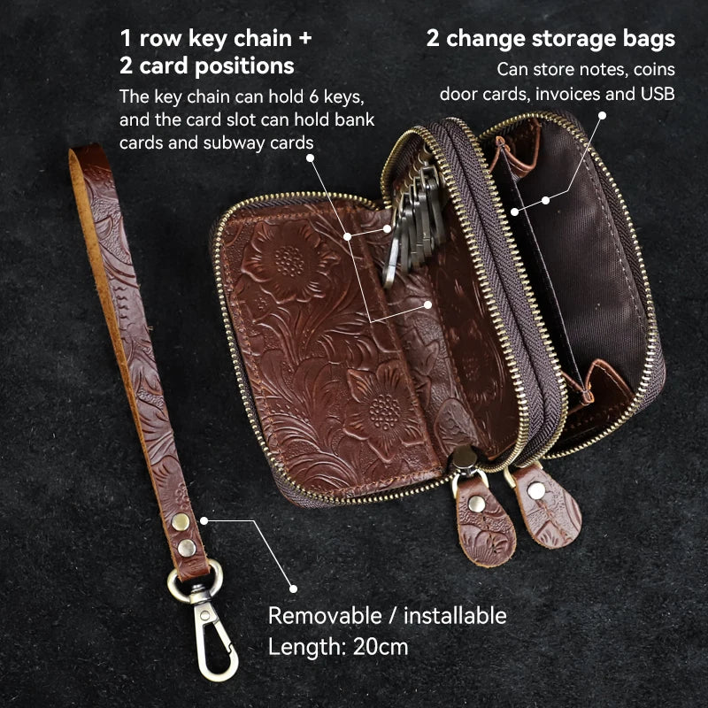 Genuine Leather Key Organizer Wallet – Floral Embossed Zipper Pouch with Wrist Strap