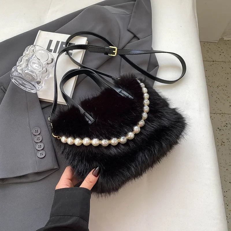 Faux Fur Crossbody Bag with Pearl Chain – Women's Winter Shoulder Handbag