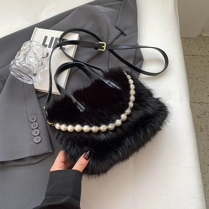 Faux Fur Crossbody Bag with Pearl Chain – Women's Winter Shoulder Handbag