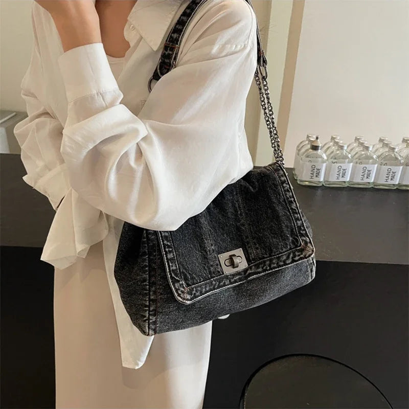 Denim Chain Shoulder Bag for Women – Large Capacity Retro Hobo