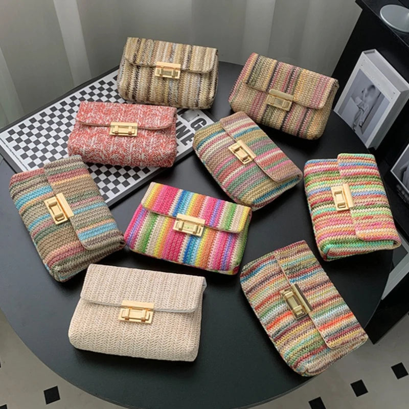 Rainbow Stripe Straw Crossbody Bag for Women – Chain Flap Handbag