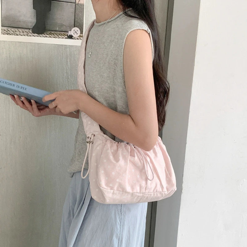 Polka Dot Shoulder Bag – Retro Drawstring Pleated Crossbody