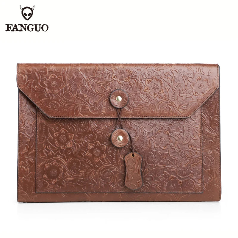 Genuine Leather A4 Document Bag – Men's Embossed Briefcase Portfolio Clutch for iPad