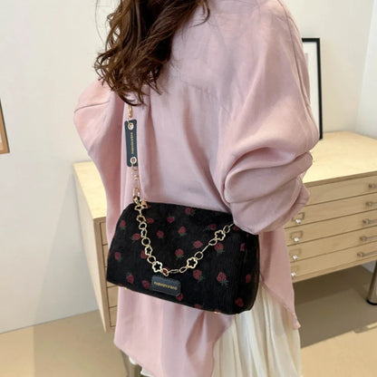 Strawberry Print Corduroy Crossbody Mini Bag for Women