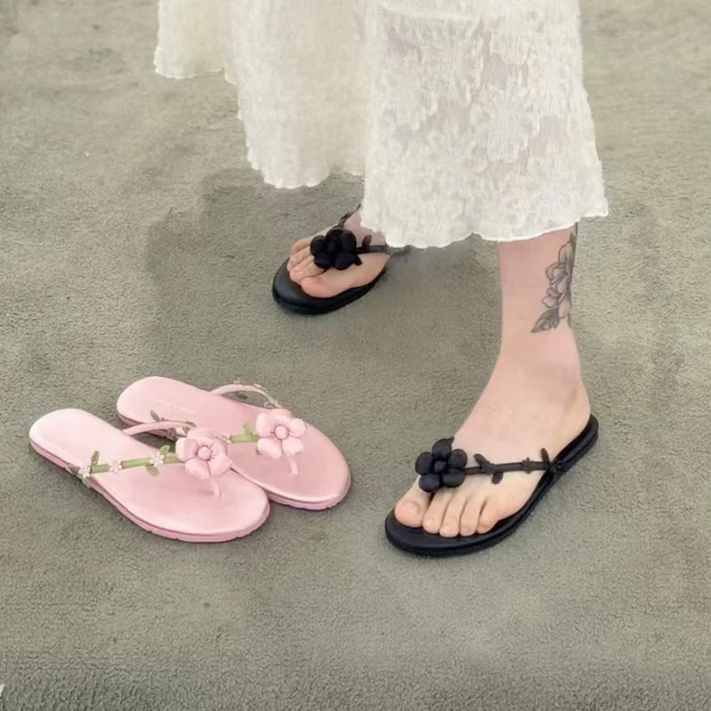 Floral Flat Sandals for Women – Satin Flower Flip-Flops