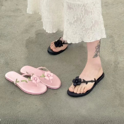 Floral Flat Sandals for Women – Satin Flower Flip-Flops