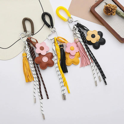 Leather Flower Tassel Keychain Bag Charm with Braided Rope