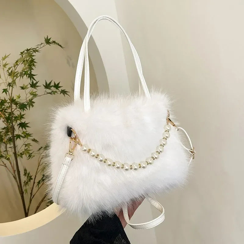 Faux Fur Plush Crossbody Bag – Korean Style Pearl Chain Handbag