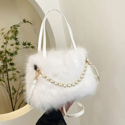 Faux Fur Plush Crossbody Bag – Korean Style Pearl Chain Handbag