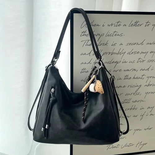 Women's Leather Shoulder Bag – Crossbody Tote with Pendant