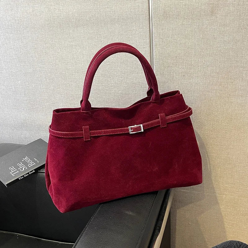 Faux Suede Tote Bag Large Capacity Buckle Handbag for Women