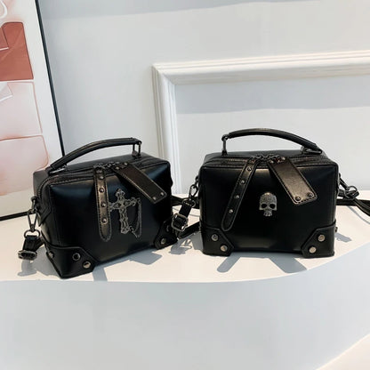 Gothic Punk PU Leather Crossbody Box Bag with Cross & Chain Detail