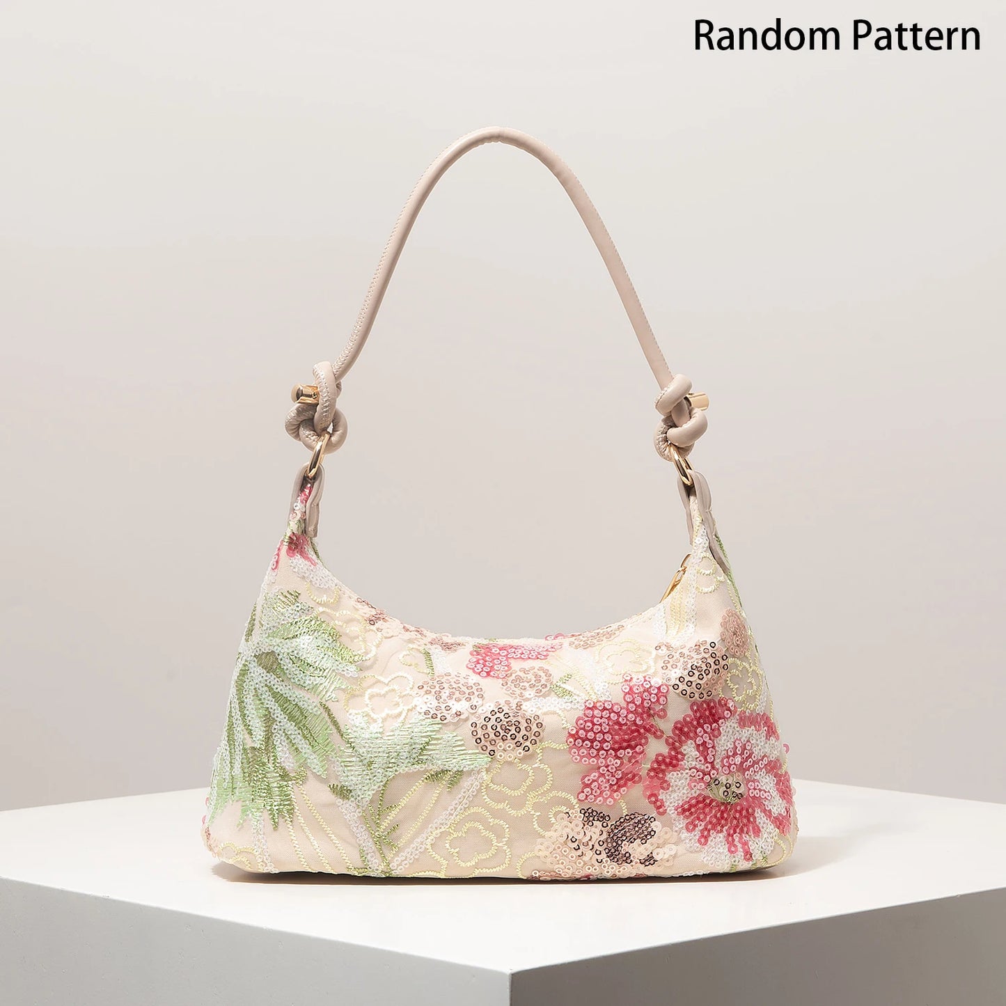 Sequin Floral Embroidery Shoulder Bag for Women