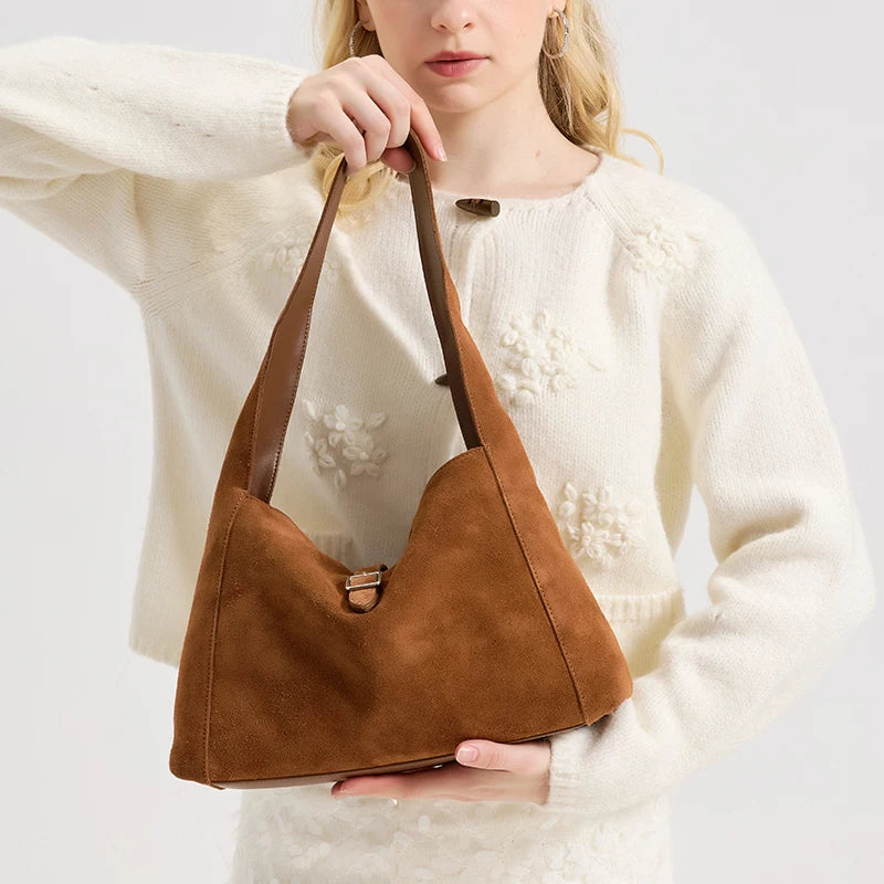 Suede Leather Crossbody Bag - Soft Cowhide Shoulder Bag for Women