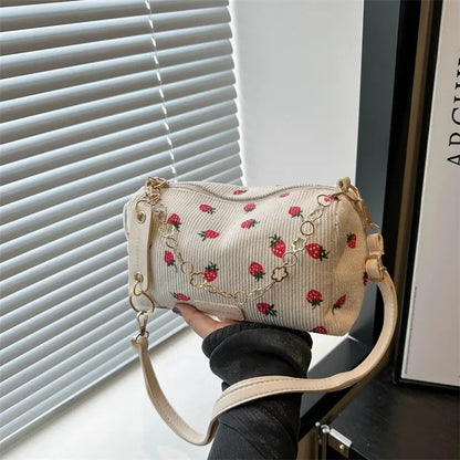 Strawberry Print Corduroy Crossbody Mini Bag for Women