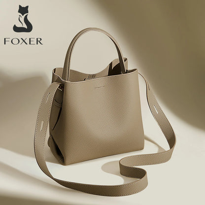Foxer Simple Genuine Leather Handbag Women S Shoulder Bag Tote Bucket Large Capacity Female Cross