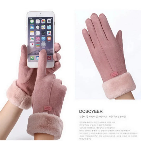 Women's Fuzzy Trim Winter Gloves – Touchscreen Warm Mittens