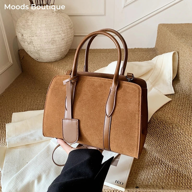 Moods Luxury Designer Top-Handle Boston Bags Women Pu Suede Pure Color Big Capacity Shopper Shoulder