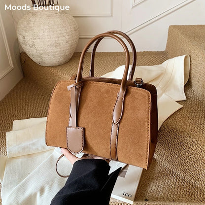 Moods Luxury Designer Top-Handle Boston Bags Women Pu Suede Pure Color Big Capacity Shopper Shoulder