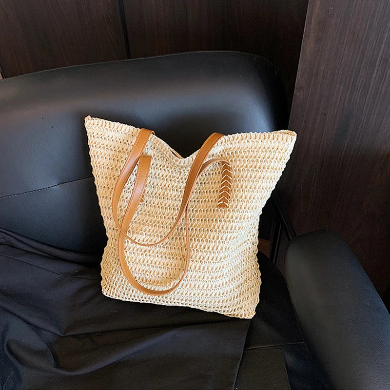 Straw Woven Tote Bag – Large Capacity Women's Shoulder Handbag
