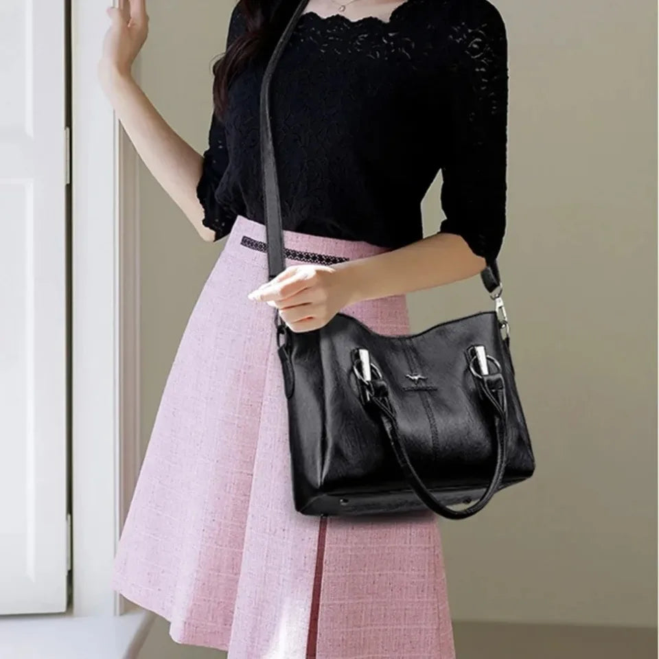 Luxury Soft Leather Handbag for Women – 3-Layer Shoulder Bag