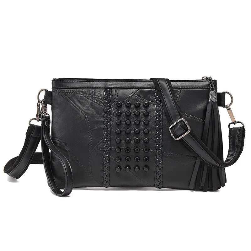 Tassel Leather Crossbody Bag – Women's Studded Clutch Purse