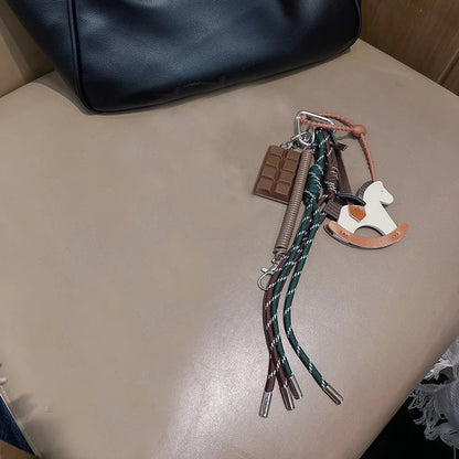 Leather Horse Pendant Keychain with Braided Rope Bag Charm