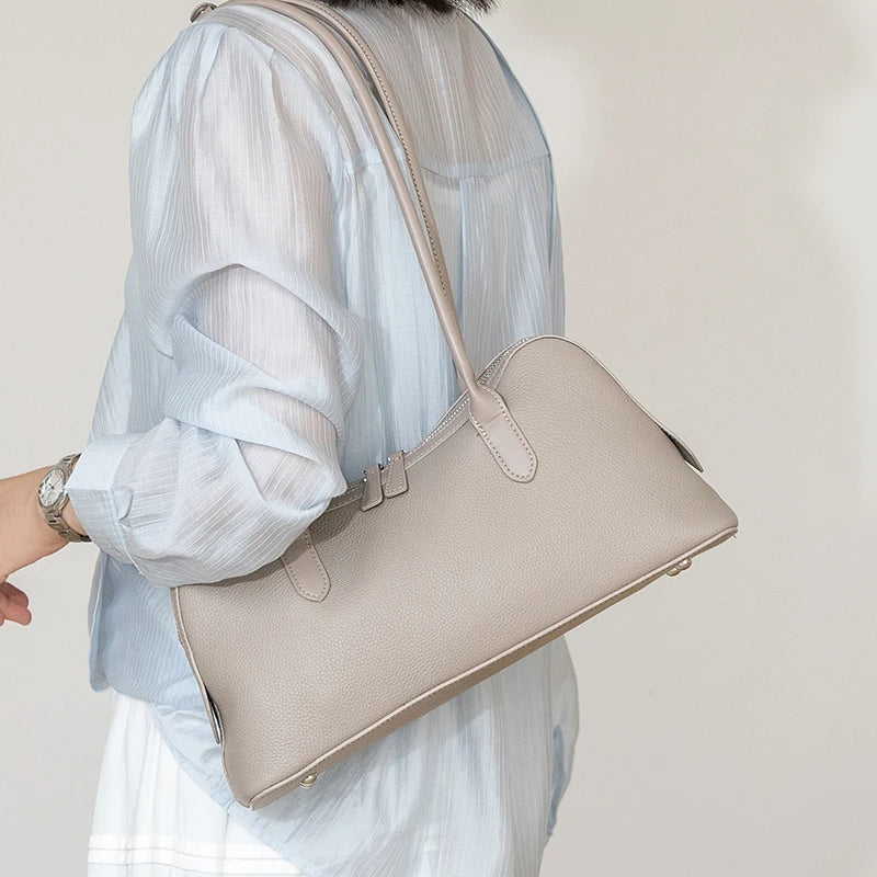 Genuine Leather Baguette Shoulder Bag – Women's Pebbled Hobo Tote