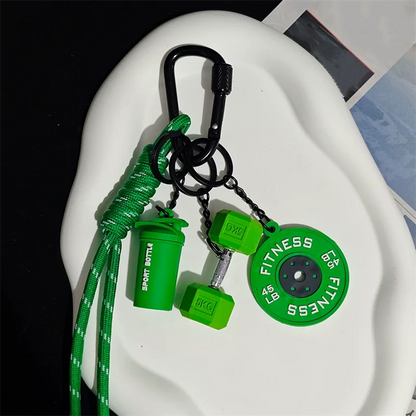 Gym Fitness Keychain Set – Barbell, Dumbbell & Shaker Charms