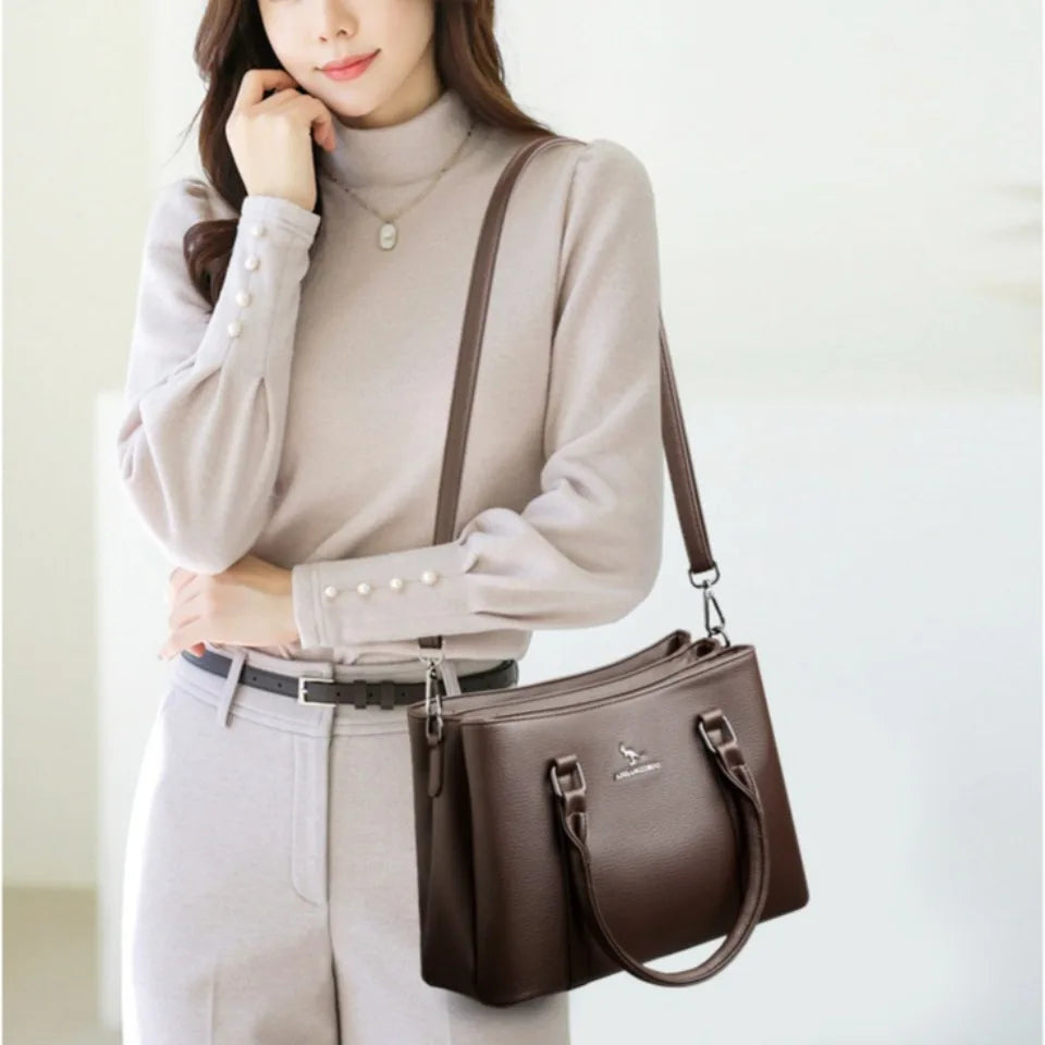 Large Capacity PU Leather Tote Bag – Women's 3-Layer Commute Handbag