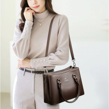 Large Capacity PU Leather Tote Bag – Women's 3-Layer Commute Handbag